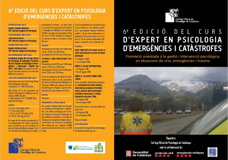 VI EDICIO CURS D'EXPERT EN PSICOLOGIA D'EMERGENCIES I CATÀSTROFES